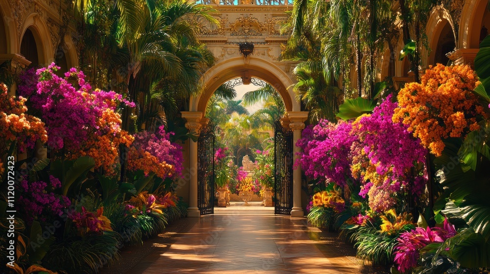 Fototapeta premium A sunlit path through a lush, tropical garden leads to a grand archway with ornate details.