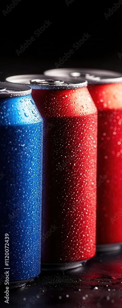 Red and blue soda cans aligned in harmony Red and blue soda cans aligned in harmony