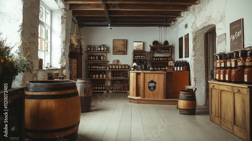 Rustic Shop Interior With Wooden Barrels And Shelves Of Jars