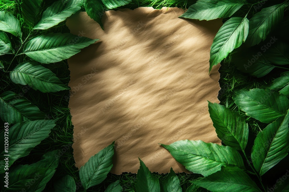 Fototapeta premium A textured paper surrounded by lush green leaves, ideal for notes or creative projects.