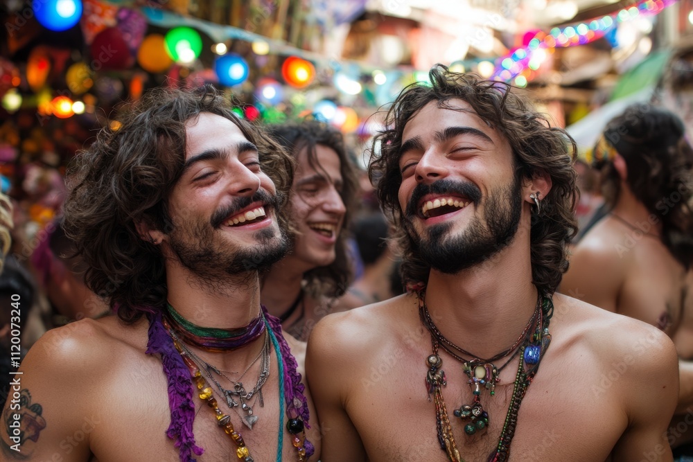 Group of friends laughing together during a colorful festival celebration Group of friends laughing together during a colorful festival celebration