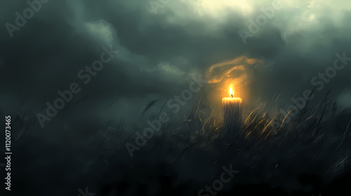 In the midst of a windy storm, one candle shines steady, its soft light cutting through the oppressive darkness, while others fade into oblivion. Oblivion. Illustration