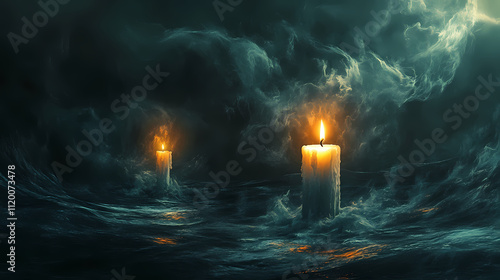 In the midst of a windy storm, one candle shines steady, its soft light cutting through the oppressive darkness, while others fade into oblivion. Oblivion. Illustration