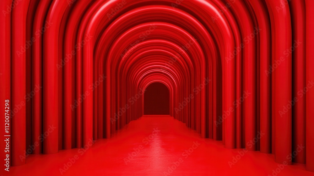 A vivid red tunnel with arched lighting creates a surreal and immersive atmosphere, leading into a darkened space. A vivid red tunnel with arched lighting creates a surreal and immersive atmosphere, leading into a darkened space.