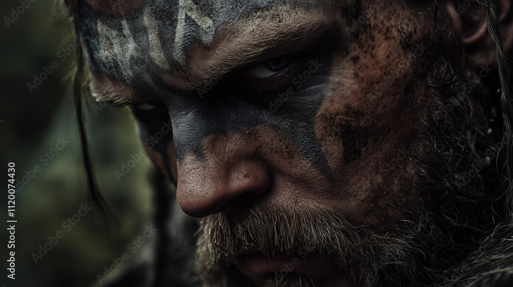 Intense Close-Up of a 46-Year-Old Viking Warrior with Fierce War Paint, Gritty Nordic Features, and Determined Expression Representing Strength, Mythology, and Historical Heritage in a Dramatic Cinema Intense Close-Up of a 46-Year-Old Viking Warrior with Fierce War Paint, Gritty Nordic Features, and Determined Expression Representing Strength, Mythology, and Historical Heritage in a Dramatic Cinema