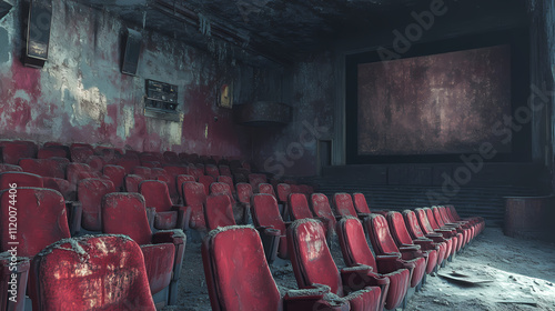 Old abandoned cinema, oblivion, nostalgia, emotion concept, seats, capitalism. Oblivion. Illustration photo