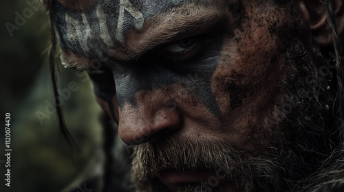 Intense Close-Up of a 46-Year-Old Viking Warrior with Fierce War Paint, Gritty Nordic Features, and Determined Expression Representing Strength, Mythology, and Historical Heritage in a Dramatic Cinema