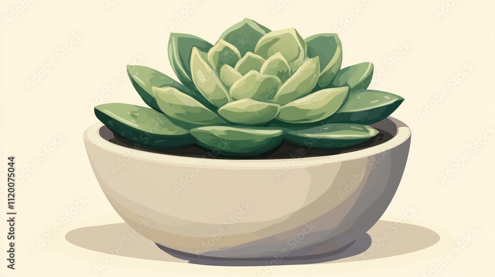 A green succulent plant in a white pot, isolated on a beige background. A green succulent plant in a white pot, isolated on a beige background.