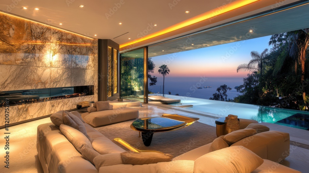 Fototapeta premium A stunning modern living room with panoramic views, featuring elegant furnishings and a seamless indoor-outdoor transition at sunset.