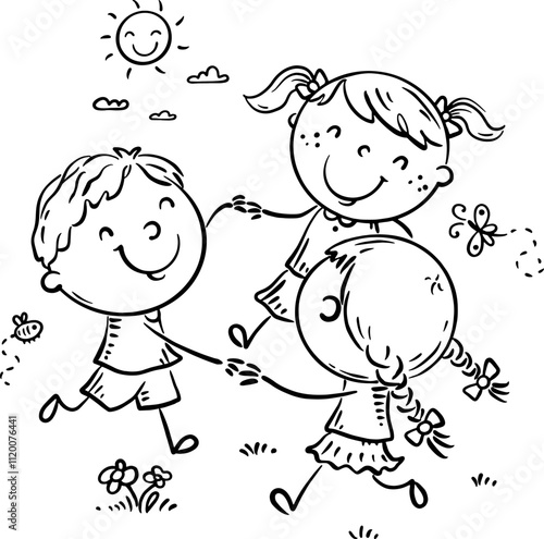 Happy cartoon kids holding hands dancing circle. Black and white vector illustration