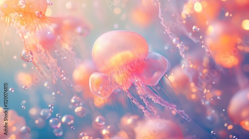 A vibrant and ethereal underwater scene featuring a group of pink jellyfish swimming amongst shimmering bubbles and sunlight. photo