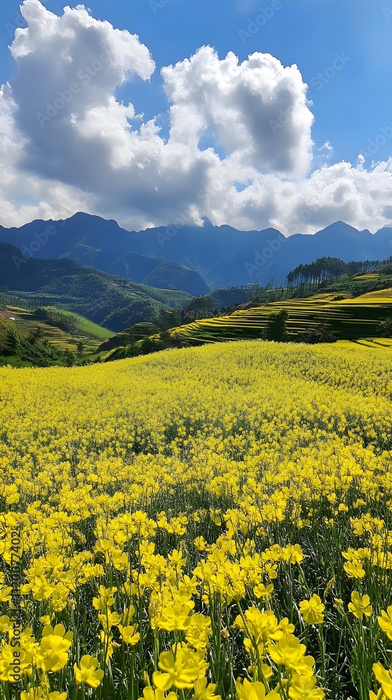 The blue sky and white clouds cover the rapeseed flower field, creating a magnificent scene of yellow flowers blooming on undulating green hills under bright sunshine The blue sky and white clouds cover the rapeseed flower field, creating a magnificent scene of yellow flowers blooming on undulating green hills under bright sunshine