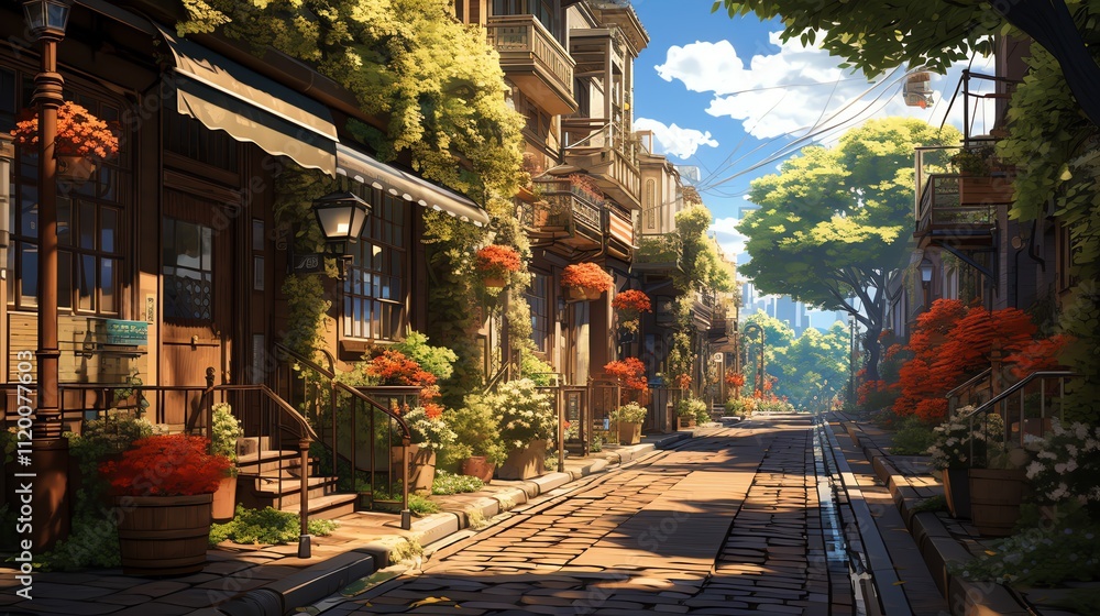 Sunlit cobblestone street lined with lush greenery, flowers, and charming buildings. Sunlit cobblestone street lined with lush greenery, flowers, and charming buildings.