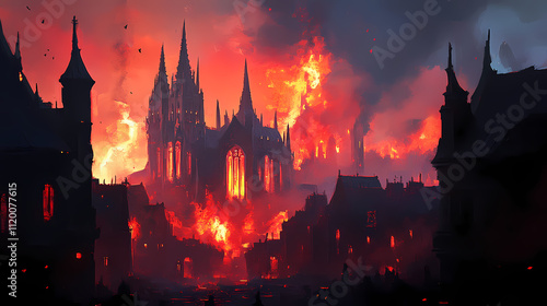 Burning gothic cityscape digital painting of fiery destruction, fantasy ruins, apocalyptic landscape fantasy art, digital painting. Oblivion. Illustration