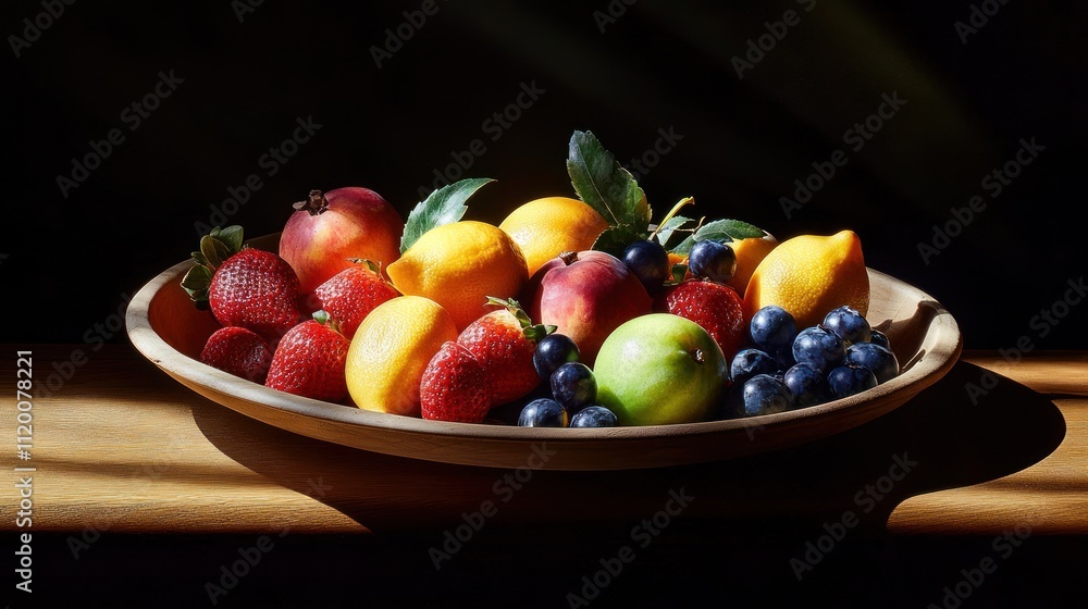 A vibrant assortment of fresh fruits displayed in a wooden bowl, highlighting natural colors. A vibrant assortment of fresh fruits displayed in a wooden bowl, highlighting natural colors.