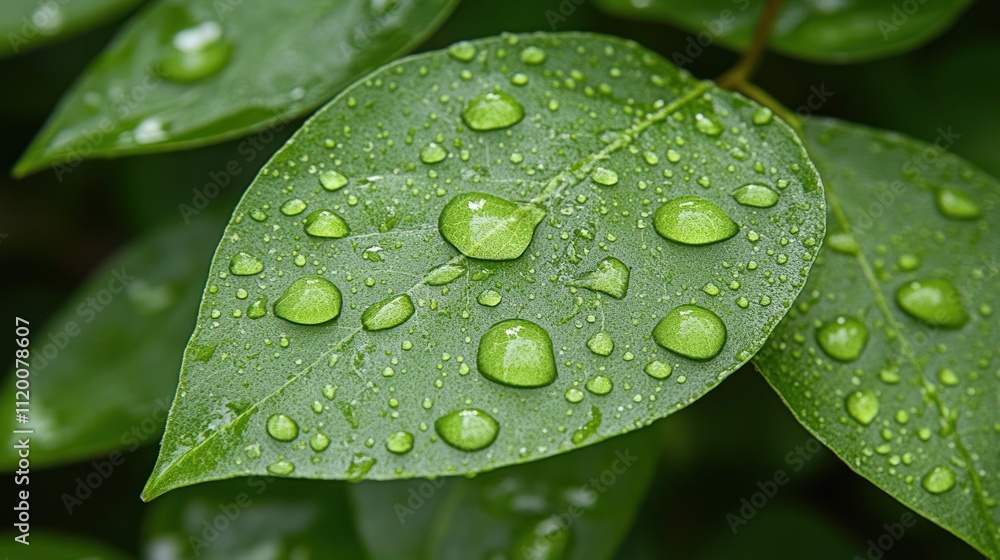 Close-up of dew drops on a green leaf. Close-up of dew drops on a green leaf.