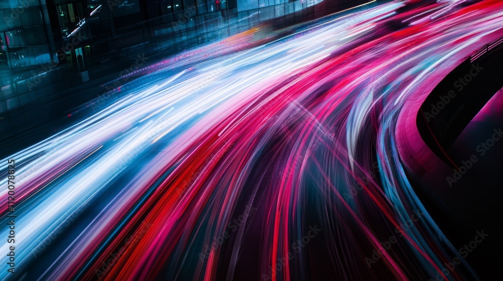 Abstract light trails of city traffic at night.