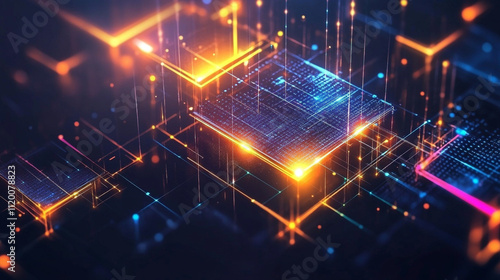 Futuristic warp speed, hi tech Hud style background, Abstract Neon Cubes Connected by Glowing Lines - Futuristic Technology and Network Concept.