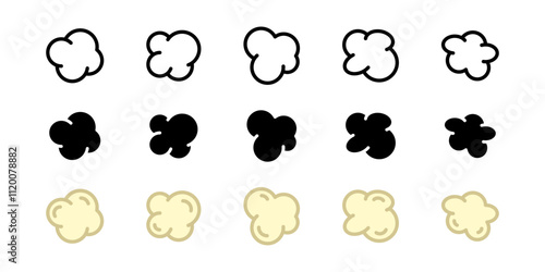 Popcorn icon set. Pop corn cooked seeds separated vector illustration collection. Popcorn single kernel. Cinema snack symbol. Pop corn pictogram concept.