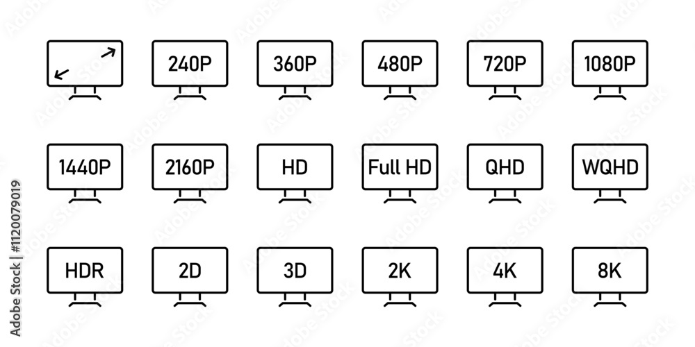 Screen resolution icon set. Screen size symbol collection. Display ...