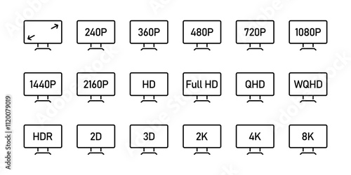 Screen resolution icon set. Screen size symbol collection. Display resolution vector illustration. Video quality sign. Full HD monitor pictogram. 240, 360, 480, 720, 1080 and 2160 p digital display.