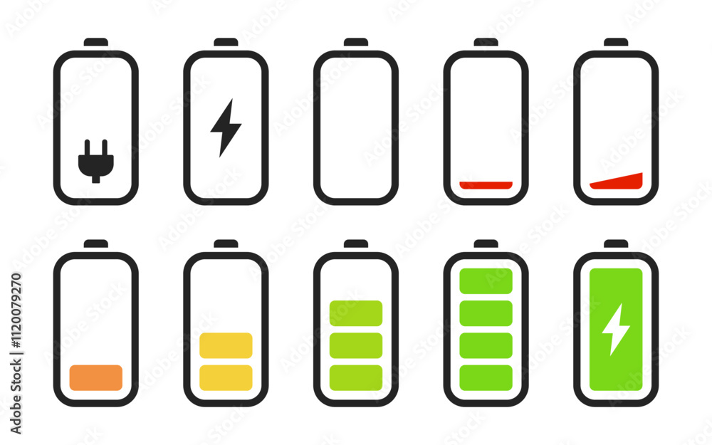 Battery charging status icon set. Mobile phone power level indicator vector illustration collection. Accumulator capacity symbol. Battery charging progress interface element pictogram collection. Battery charging status icon set. Mobile phone power level indicator vector illustration collection. Accumulator capacity symbol. Battery charging progress interface element pictogram collection.