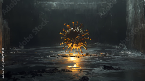 Degradation and oblivion during covid pandemic, pictured as declining phrase oblivion and a corona virus to symbolize current problems caused by epidemic, 3d illustration. Oblivion. Illustration