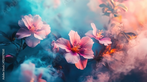 Dreamlike pink flowers in vibrant blue and orange smoke.