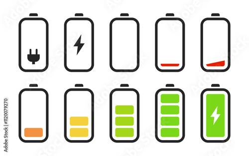 Battery charging status icon set. Mobile phone power level indicator vector illustration collection. Accumulator capacity symbol. Battery charging progress interface element pictogram collection.
