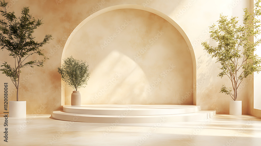 Obraz premium 3D rendering of a surreal interior scene with podiums plants and abstract shapes in a warm neutral color palette Earth Tones Burnt sienna olive green sandy brown warm cream Isometric Art