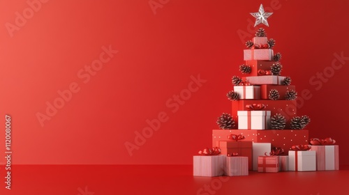 A creative arrangement of red and white gifts, shaped like a Christmas tree with a star on top, on a minimalist red background, showcasing festive creativity.