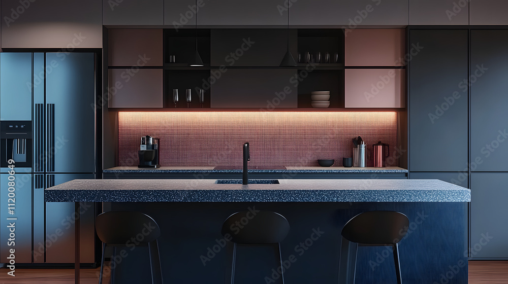 Dark home kitchen interior with bar island and sink, fridge and kitchenware Dark home kitchen interior with bar island and sink, fridge and kitchenware