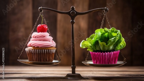 A whimsical scale balances a sweet pink-frosted cupcake against fresh, leafy lettuce, humorously highlighting choices between indulgence and healthy living.