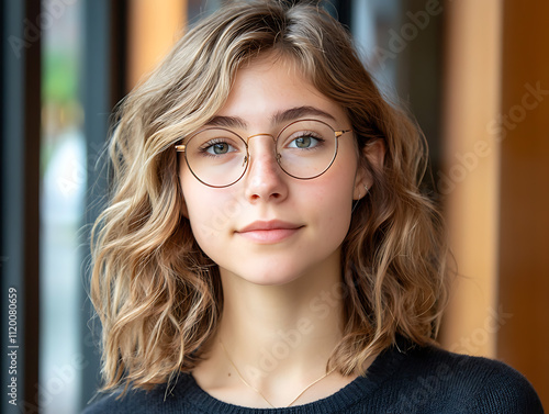 Young woman with wavy hair and glasses looks directly at the camera, conveying intelligence and poise.