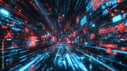 A dynamic landscape of blue and red digital light streams conveys a sense of speed  innovation  and rapidly evolving technology in an abstract cyberspace environment.