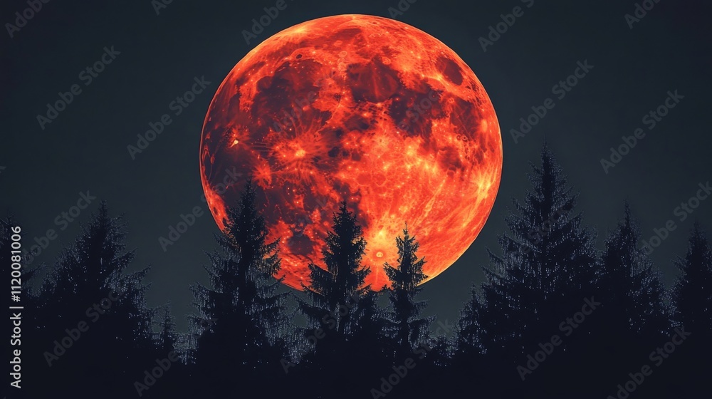 A dramatic scene of a vivid blood moon illuminating the sky, set against the silhouette of towering evergreen trees, evoking mystery and awe in the night.