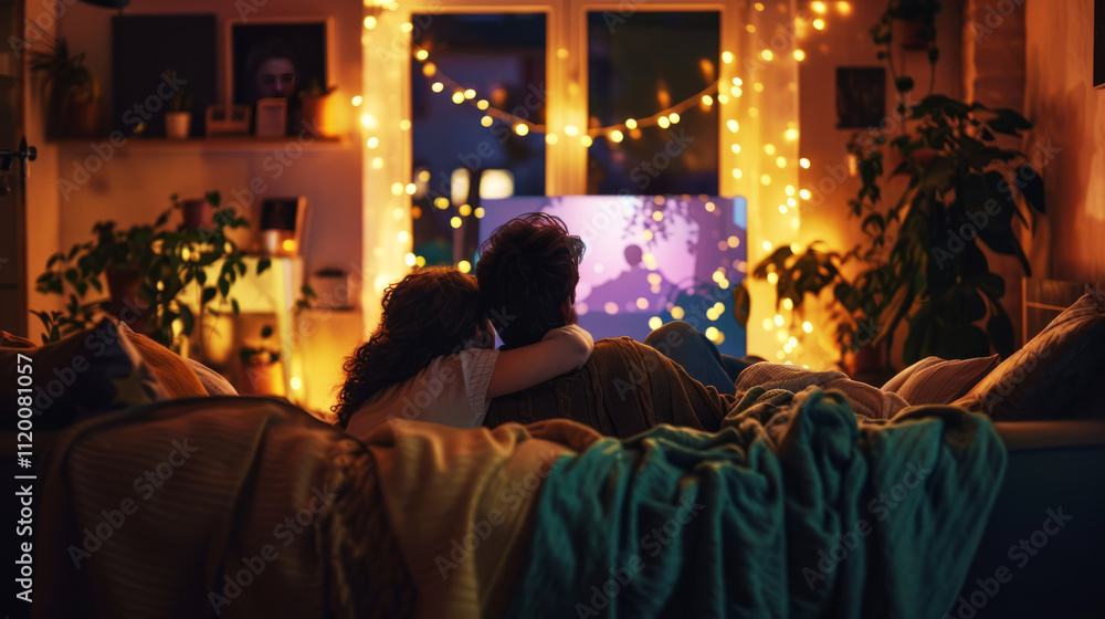 A couple enjoying a cozy movie night at home A couple enjoying a cozy movie night at home
