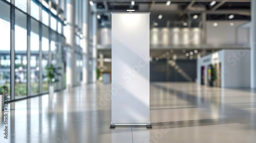 Vertical roll up banner mockup displayed at a trade fair , trade fair, exhibition, event, vertical banners, promotional. high resolution image