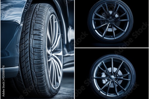 A detailed image of a high-performance car tire exhibiting intricate tread patterns, showcasing engineering and design excellence in the automotive industry. photo