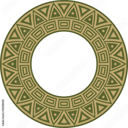 Native American vector round gold with green pattern. Geometric shapes in a circle. National ornament of the peoples of America, Maya, Aztecs, Incas