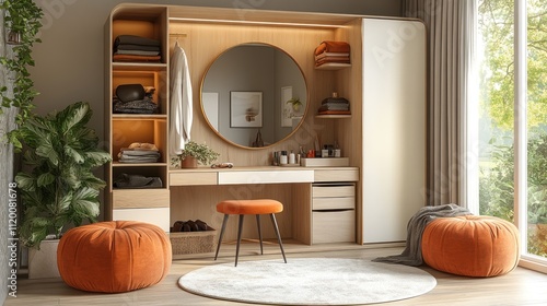 Modern minimalist bedroom with built-in wardrobe, vanity, and orange poufs.