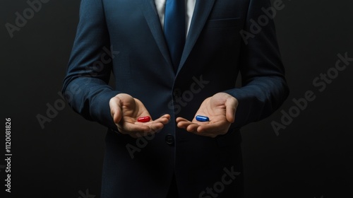 In a metaphorical scene, a formal individual in a suit presents red and blue pills, illustrating the complex nature of decision-making in life or business contexts.