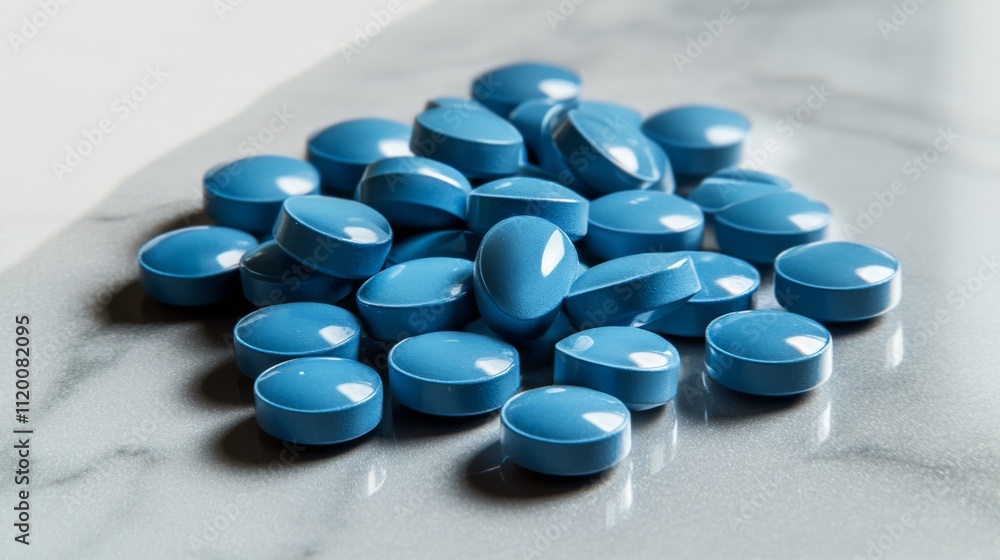 A scattered pile of blue pills is laid out on a smooth marble surface, presenting concepts of medicine, treatment, and modern healthcare solutions. A scattered pile of blue pills is laid out on a smooth marble surface, presenting concepts of medicine, treatment, and modern healthcare solutions.