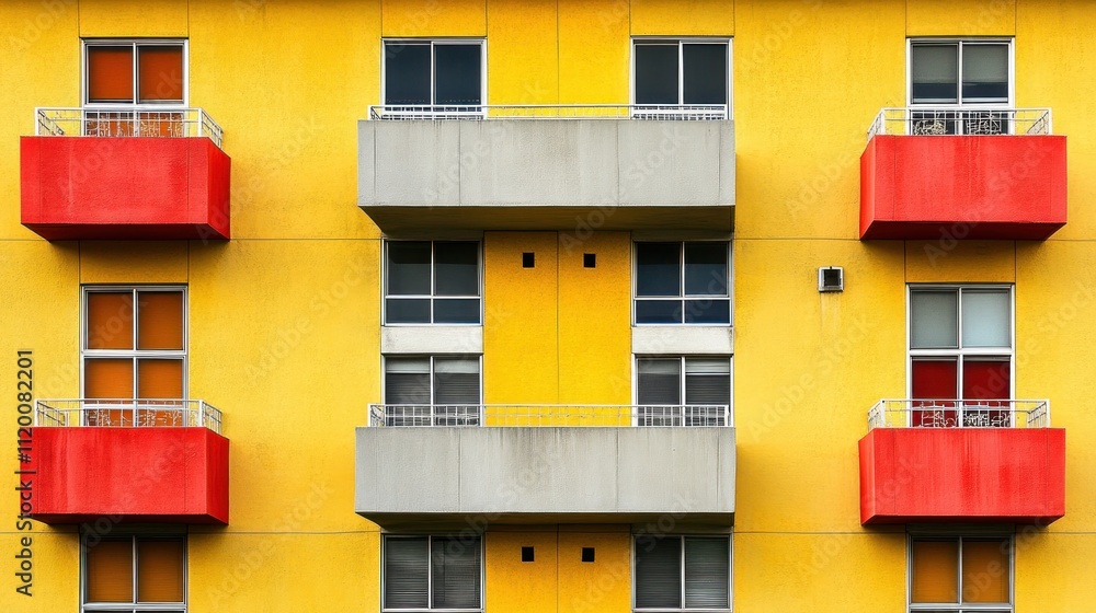 Vibrant yellow building facade with red and gray balconies, symmetrical windows and doors. Vibrant yellow building facade with red and gray balconies, symmetrical windows and doors.