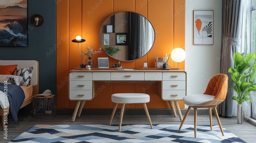 Modern bedroom with vanity, chair, and orange wall. Modern bedroom with vanity, chair, and orange wall.