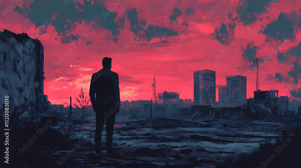 Fototapeta premium A lonely stalker and a ruined deserted city. Oblivion. Illustration