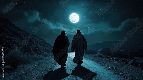 Two Figures Walking Night Road Under Moonlight