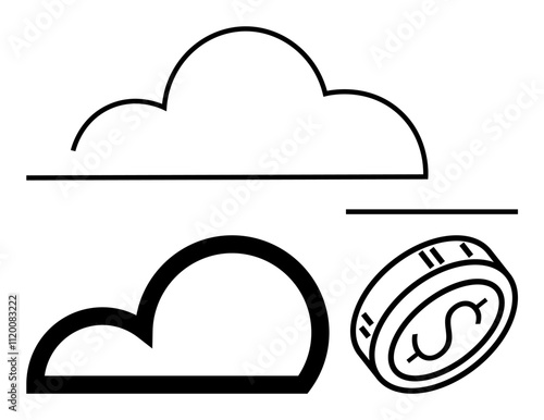 Cloud shapes and dollar coin emphasizing financial growth, savings, and stability themes. Ideal for finance, banking, investment, cloud computing, technology, economic analysis digital