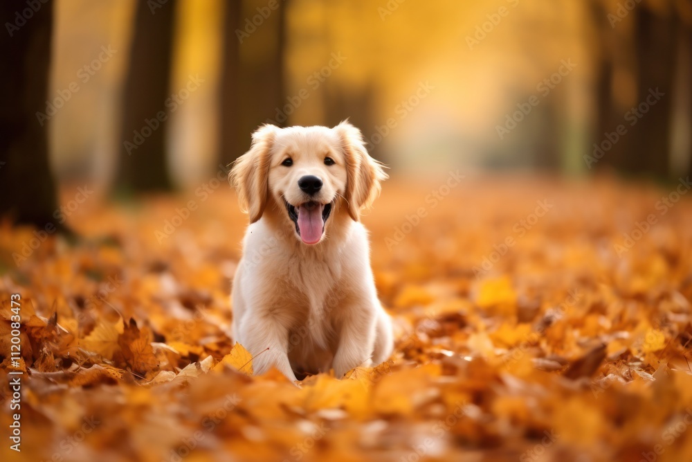 A fluffy golden retriever puppy playing with fallen leaves in an autumn alley isolated on white background A fluffy golden retriever puppy playing with fallen leaves in an autumn alley isolated on white background