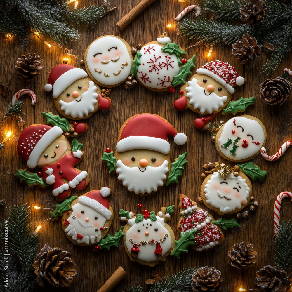 Fototapeta premium decorated Christmas cookies with Santa and holiday themes